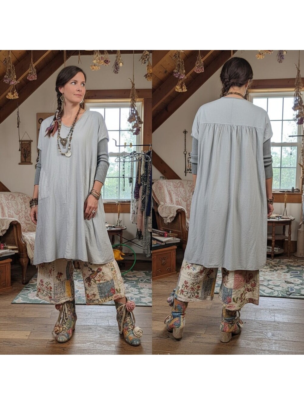1943 - H+ Hannoh Wessel Mixed-Media Midi Shirt Dress Grey Size 40 Italy